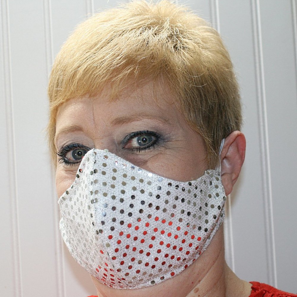 HAND CRAFTED Face Mask Silver Confetti Dot Sequin - Adult - Shield Style